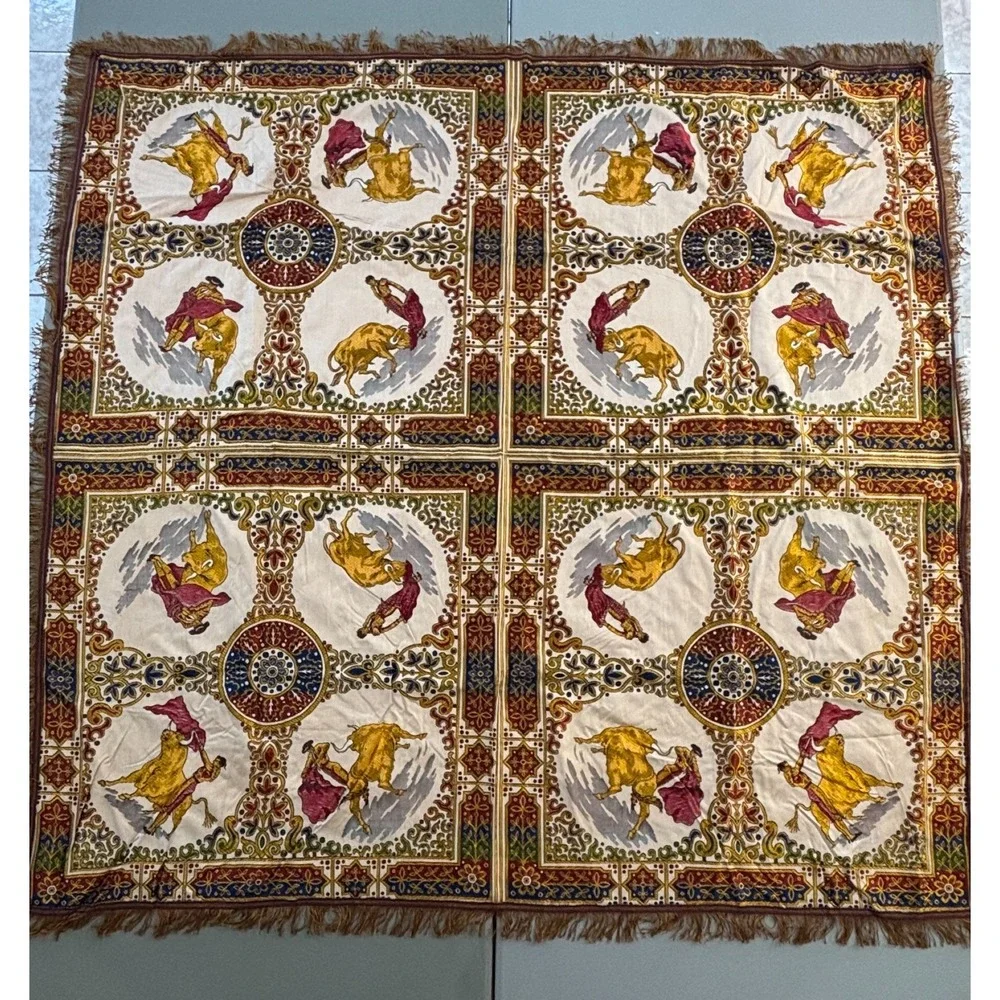 Vintage Spanish Tablecloth Tapestry Matador Bullfighter Woven Fringed Square 57